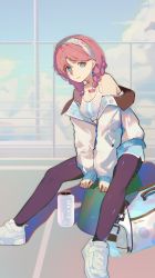 Rule 34 | 1girl, absurdres, arknights, black pants, blue eyes, blue poison (arknights), blue poison (shoal beat) (arknights), blue sky, braid, breasts, choker, cleavage, cloud, cloudy sky, day, earrings, hairband, highres, jacket, jewelry, long sleeves, looking at viewer, niino1123, o-ring, o-ring choker, off shoulder, official alternate costume, open clothes, open jacket, outdoors, pants, pink choker, pink hair, scales, shoes, sitting, sky, small breasts, solo, sports bra, tennis court, twin braids, white footwear, white hairband, white jacket, white sports bra