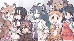 Rule 34 | 10s, 6+girls, :d, animal ears, black hair, blue hair, blue neckwear, bow, bowtie, breast pocket, brown eyes, brown gloves, brown hair, collarbone, collared shirt, commentary, dodo (kemono friends), ear piercing, elbow gloves, empty eyes, english commentary, extra ears, facepaint, fang, fingerless gloves, fur collar, gloves, gradient hair, great auk (kemono friends), green hair, hair between eyes, hair ribbon, hand in pocket, hat, head wings, japanese otter (kemono friends), japanese wolf (kemono friends), japari symbol, japari symbol print, kako (kemono friends), kemono friends, lab coat, long hair, long sleeves, looking at viewer, miniskirt, multicolored hair, multiple girls, north island giant moa (kemono friends), open mouth, orange eyes, otter ears, otter tail, passenger pigeon (kemono friends), pen in pocket, pencil skirt, piercing, pink hair, plaid, plaid neckwear, plaid skirt, pleated skirt, pocket, purple eyes, red vest, ribbon, sailor collar, shirt, short sleeves, skirt, sleeveless, sleeveless shirt, smile, spotted hair, tail, tanaka kusao, thighhighs, two-tone hair, v, vest, white gloves, white hair, white ribbon, wings, wolf ears, yellow eyes, zettai ryouiki