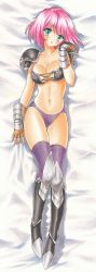 Rule 34 | 1girl, arm up, armor, bikini armor, black footwear, blush, boots, breasts, brown gloves, character request, cleavage, commentary request, dakimakura (medium), fingerless gloves, full body, gloves, green eyes, hand in own hair, highres, ikazuchi no senshi raidy, knee boots, legs, looking at viewer, lying, medium breasts, navel, on back, pauldrons, pink hair, purple thighhighs, short hair, shoulder armor, solo, tegaki no yuu, thigh gap, thighhighs, thighs, traditional media