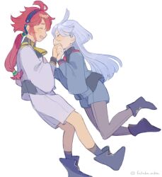 Rule 34 | 2girls, ahoge, asticassia school uniform, black footwear, black hairband, blue jacket, blue shorts, blush, boots, closed eyes, closed mouth, commentary request, from side, front-seamed legwear, fukaba mika, grey hair, gundam, gundam suisei no majo, hair between eyes, hairband, hand up, highres, holding hands, jacket, long hair, long sleeves, looking at another, low ponytail, miorine rembran, multiple girls, open mouth, pantyhose, pantyhose under shorts, profile, red hair, school uniform, seamed legwear, shorts, shoulder boards, simple background, smile, suletta mercury, thick eyebrows, white background, white jacket, white shorts, wide sleeves