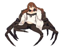 Rule 34 | 1girl, arachne, arthropod girl, bare shoulders, blush, breasts, brown hair, carapace, cleavage, commentary request, expressionless, extra legs, eyewear on head, full body, glasses, hair between eyes, hand up, headphones, insect girl, lansane, long hair, looking to the side, monster girl, off shoulder, orange eyes, original, simple background, solo, spider girl, taur, white background, wide sleeves