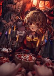 Rule 34 | 4girls, absurdres, blonde hair, cake, collared shirt, crystal, cup, flandre scarlet, food, frilled sleeves, frills, fruit, hair between eyes, hat, highres, holding, long hair, mob cap, multiple girls, one side up, red eyes, red vest, shirt, short sleeves, solo focus, strawberry, toho sweet, touhou, vest, white headwear, white shirt, wings