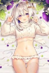 Rule 34 | 1girl, ahoge, amane kanata, angel wings, aran sweater, bikini, bikini bottom only, bob cut, cable knit, crop top, crop top overhang, cutoffs, feathered wings, food, frilled bikini, frills, fruit, gluteal fold, grapes, groin, hair ornament, halo, hands up, highres, hololive, long sleeves, looking at viewer, lying, mini wings, multicolored hair, navel, on back, open mouth, oshioshio, short hair, single hair intake, smile, solo, star halo, stomach, streaked hair, sweater, swimsuit, thighs, virtual youtuber, white bikini, white sweater, wings