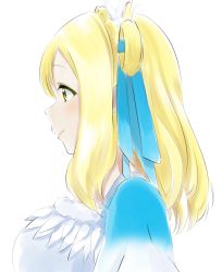 Rule 34 | 1girl, aqua ribbon, artist name, artist request, blonde hair, blush, braid, breasts, brown eyes, collarbone, crown braid, dreamy color, dreamy color (love live!), dress, feather hair ornament, feathers, female focus, green eyes, hair ornament, hair ribbon, hair rings, hanamaruyama628, highres, looking at viewer, looking to the side, love live!, love live! school idol festival, love live! sunshine!!, medium breasts, ohara mari, parted lips, ribbon, short hair, short sleeves, sideboob, smile, solo, upper body, white background, white dress, white feathers, yellow eyes
