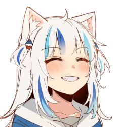 Rule 34 | 1girl, ahoge, animal ear fluff, animal ears, blue hair, blush, cat ears, closed eyes, commentary, english commentary, gawr gura, grin, hair ornament, highres, hololive, hololive english, long hair, mittsu, multicolored hair, shark hair ornament, simple background, smile, solo, streaked hair, teeth, virtual youtuber, white background, white hair
