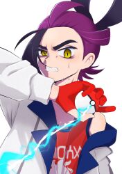 Rule 34 | 1boy, bags under eyes, black hair, clenched teeth, commentary request, creatures (company), energy, game freak, gloves, hand up, highres, holding, holding poke ball, hwxf5232, jacket, kieran (pokemon), long sleeves, male focus, mole, mole on neck, multicolored hair, nintendo, off shoulder, partially fingerless gloves, poke ball, poke ball (basic), pokemon, pokemon sv, purple hair, red gloves, red shirt, shirt, sleeveless, sleeveless shirt, solo, sweat, tank top, teeth, two-tone hair, upper body, white background, white jacket, yellow eyes