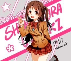 Rule 34 | 1girl, bow, bowtie, brown eyes, brown hair, brown jacket, character name, commentary request, dated, idolmaster, idolmaster cinderella girls, jacket, korean commentary, miniskirt, one side up, open mouth, plaid, plaid skirt, pleated skirt, red bow, red bowtie, school uniform, shimamura uzuki, skirt, smile, solo, star (symbol), tianel ent, twitter username, v