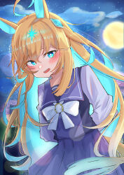 Rule 34 | 1girl, absurdres, ahoge, animal ears, arms behind back, blonde hair, blue eyes, blue hair, blush, bow, breasts, colored inner hair, commentary request, full moon, glowing, glowing eyes, glowing hair, gradient hair, hair between eyes, hair ornament, highres, horse ears, horse girl, horse tail, lens flare, long hair, long sleeves, looking at viewer, moon, multicolored hair, neo universe (umamusume), night, night sky, open mouth, pleated skirt, ponzu purin, purple serafuku, purple shirt, purple skirt, sailor collar, school uniform, serafuku, shirt, skirt, sky, small breasts, solo, streaked hair, tail, teeth, textless version, tracen school uniform, two-tone hair, umamusume, upper body, upper teeth only, white bow, winter uniform