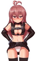 Rule 34 | 1girl, accidental exposure, annoyed, belt, black thighhighs, blush, breasts, brown eyes, brown hair, cleavage, clothes lift, clueless, crop top, elbow gloves, frown, gloves, hands on own hips, highres, long hair, m.m, matching hair/eyes, midriff, miniskirt, navel, original, panties, skirt, skirt lift, solo, thigh gap, thighhighs, underwear, white panties