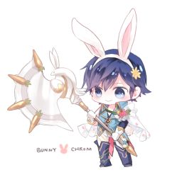 Rule 34 | 1boy, animal ears, blue eyes, blue hair, carrot, chibi, chrom (fire emblem), chrom (spring) (fire emblem), fake animal ears, fire emblem, fire emblem awakening, fire emblem heroes, full body, holding, leotard, looking at viewer, male focus, nintendo, playboy bunny, rabbit ears, simple background, smile, solo, standing