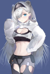 Rule 34 | 1girl, animal ears, arknights, aurora (arknights), bad id, bad pixiv id, bear ears, black hairband, black shirt, blue background, blue eyes, blush, breasts, chaps, chinese commentary, cleavage, cleavage cutout, clothing cutout, commentary request, cowboy shot, crop top, cropped jacket, grey shorts, guigui, hair over one eye, hairband, hand up, highres, jacket, long hair, looking at viewer, medium breasts, midriff, navel, partial commentary, shirt, short shorts, shorts, simple background, sleeves past fingers, sleeves past wrists, smile, solo, standing, stomach, very long hair, white hair, white jacket