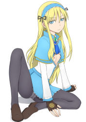 Rule 34 | 1girl, arm support, ascot, blonde hair, blue eyes, breasts, capelet, female focus, fingerless gloves, genshiken, gloves, hairband, ichihisa, knee up, lolita hairband, long hair, long sleeves, nipples, open clothes, panties, pantyhose, shoes, simple background, sitting, small breasts, solo, susanna hopkins, unbuttoned, underwear, white background