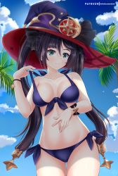 Rule 34 | 1girl, bare shoulders, bikini, black bikini, black hair, blue sky, blunt bangs, bow, bracelet, breasts, cleavage, cloud, cloudy sky, coconut tree, collarbone, commentary request, genshin impact, green eyes, hair between eyes, hair bow, hair ornament, hair ribbon, hat, head tilt, helvetica std, highres, jewelry, long hair, looking at viewer, midriff, mona (genshin impact), navel, palm tree, ribbon, side-tie bikini bottom, sidelocks, sky, smile, solo, swimsuit, tree, twintails, witch hat