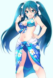 Rule 34 | 10s, 1girl, absurdres, aqua eyes, aqua hair, bad id, bad pixiv id, bikini, blue bikini, blush, bow, breasts, fang, floral print, front-tie bikini top, front-tie top, hair between eyes, hair bow, hand on own hip, hand up, highres, isuzu (kancolle), kantai collection, large breasts, long hair, looking at viewer, navel, open mouth, sarong, sidelocks, smile, solo, standing, suruga (xsurugax), swimsuit, thighs, twintails, v-shaped eyebrows, very long hair, white bow