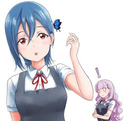 Rule 34 | !, 2girls, arjend, arms under breasts, blue hair, blunt bangs, blush stickers, breasts, bug, butterfly, closed mouth, collared shirt, commentary request, dress, grey dress, hair between eyes, hand up, insect, long hair, love live!, love live! superstar!!, medium breasts, multiple girls, neck ribbon, o o, open mouth, orange eyes, pinafore dress, purple hair, red ribbon, ribbon, school uniform, shirt, short hair, short sleeves, sleeveless, sleeveless dress, solo focus, standing, summer uniform, upper body, wakana shiki, wavy hair, white background, white shirt, wien margarete, yuigaoka school uniform