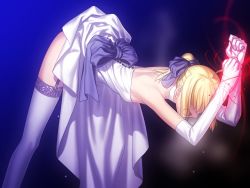 Rule 34 | 00s, 1girl, artoria pendragon (all), artoria pendragon (fate), bdsm, bent over, bondage, bound, clothes lift, dress, fate/stay night, fate (series), game cg, gradient background, saber (fate), skirt, skirt lift, solo, tagme, takeuchi takashi, thighhighs, type-moon