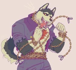 Rule 34 | 1boy, animal ears, bara, black fur, black sclera, blush, chain, chest hair, colored sclera, cowboy shot, dog boy, dog ears, dog tail, envysoda, furry, furry male, garmr (housamo), happy, highres, large pectorals, looking at viewer, male focus, muscular, muscular male, pectorals, short hair, smile, solo, stomach, tail, tail wagging, thick eyebrows, tokyo houkago summoners, tongue, tongue out, two-tone fur