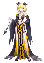Rule 34 | 1girl, ainy, black footwear, black horns, blonde hair, blue eyes, breasts, bridal garter, chojo: crypto girls arena, cleavage, closed mouth, commentary request, copyright name, demon girl, demon horns, demon tail, detached sleeves, full body, hand on own hip, highres, horns, legs, looking at viewer, medium breasts, navel, shoes, short hair, simple background, smile, solo, standing, tail, thigh strap, valishoi elrato, white background