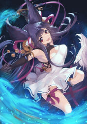 Rule 34 | 1girl, :d, animal ears, bell, black hair, blush, breasts, cleavage, coffee1223, commentary, detached sleeves, dress, energy, eyelashes, fighting stance, floating clothes, floating hair, foot out of frame, granblue fantasy, hair bell, hair ornament, hair ribbon, highres, holding, holding sword, holding weapon, jingle bell, large breasts, long hair, long ribbon, looking at viewer, open mouth, red eyes, red ribbon, ribbon, short dress, sidelocks, simple background, smile, solo, standing, standing on one leg, strapless, strapless dress, sword, v-shaped eyebrows, very long hair, weapon, white dress, yuel (granblue fantasy)