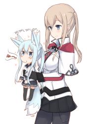 Rule 34 | 10s, 2girls, black gloves, blonde hair, blue eyes, breasts, capelet, chibi, commentary request, cross, ear wiggle, eyebrows, gloves, graf zeppelin (kancolle), hair between eyes, hibiki (kancolle), highres, iron cross, kantai collection, kemonomimi mode, large breasts, long sleeves, mini person, minigirl, multiple girls, no headwear, nonono (mino), pantyhose, school uniform, serafuku, silver hair, simple background, tail, thighhighs, twintails, verniy (kancolle), white background