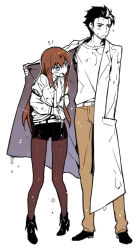 Rule 34 | 1boy, 1girl, angry, ankle boots, blush, boots, brown hair, couple, height difference, hetero, high heel boots, high heels, lab coat, looking away, makise kurisu, misti, okabe rintarou, pantyhose, pantyhose under shorts, purple eyes, shorts, simple background, standing, steins;gate, wet, wet clothes, white background, wringing clothes