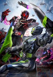 Rule 34 | 2boys, armor, blood, clenched hands, cloud, dual wielding, fighting, helmet, highres, holding, holding sword, holding weapon, kamen rider, kamen rider 01 (series), kamen rider eden, kamen rider zero-one, masukudo (hamamoto hikaru), metalcluster hopper, multiple boys, open hands, power armor, red eyes, robot, severed arm, severed limb, sky, sword, tokusatsu, weapon, yellow eyes