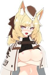 Rule 34 | 1girl, :d, animal ears, arknights, arms under breasts, artworks/89120158, black bow, black hat, black sweater, blonde hair, blue eyes, blush, bow, breasts, cloak, clothes lift, commentary request, fang, hair bow, hat, highres, horse ears, korean commentary, lancer (worudrleh1), large breasts, long hair, navel, nipples, open mouth, ribbed sweater, simple background, skin fang, smile, solo, stomach, sweater, sweater lift, thick eyebrows, turtleneck, turtleneck sweater, upper body, v-shaped eyebrows, whislash (arknights), white background, white cloak