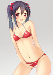 Rule 34 | 10s, 1girl, bare shoulders, bikini, black hair, blush, bow, earrings, female focus, hair bow, jewelry, long hair, looking at viewer, love live!, love live! school idol project, navel, ok-ray, open mouth, red bikini, red eyes, red theme, simple background, solo, straight hair, swimsuit, twintails, yazawa nico