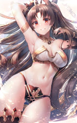 Rule 34 | 1girl, arm behind head, armlet, armpits, asymmetrical legwear, asymmetrical sleeves, bare shoulders, black hair, blush, breasts, bridal gauntlets, cleavage, commentary, crown, detached collar, earrings, elbow gloves, fate/grand order, fate (series), glint, gloves, gluteal fold, gold, gold trim, grin, hair ribbon, hand up, highres, hoop earrings, ishtar (fate), jewelry, light particles, long hair, long legs, looking at viewer, medium breasts, motokonut, navel, parted bangs, red eyes, ribbon, single elbow glove, single thighhigh, skindentation, smile, solo, stomach, thighhighs, thighs, two side up, uneven legwear, uneven sleeves, very long hair