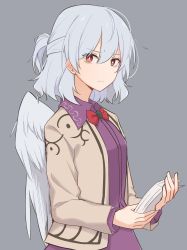 Rule 34 | 1girl, angel wings, bags under eyes, beige jacket, bow, breasts, bright pupils, brooch, chinese commentary, closed mouth, commentary request, dress, feathered wings, frown, grey background, hair between eyes, highres, holding, holding paper, idaku, jewelry, kishin sagume, long sleeves, looking at viewer, medium breasts, paper, purple dress, red bow, red eyes, short hair, silver hair, simple background, single wing, solo, standing, touhou, upper body, v-shaped eyebrows, wings