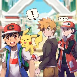 Rule 34 | !, ..., 3boys, 7repose, :d, absurdres, ash ketchum, backpack, bag, black hair, black shirt, blue oak, brown hair, brown pants, closed mouth, coat, commentary, creatures (company), day, distracted boyfriend (meme), game freak, gen 1 pokemon, green bag, hat, highres, holding, holding poke ball, jacket, long sleeves, meme, multiple boys, nintendo, open mouth, outdoors, pants, pikachu, poke ball, poke ball (basic), pokemon, pokemon (anime), pokemon hgss, pokemon journeys, pokemon masters ex, red (pokemon), red (sygna suit) (pokemon), red coat, red headwear, shirt, short hair, short sleeves, sky, sleeveless, sleeveless coat, sleeveless jacket, smile, spoken ellipsis, spoken exclamation mark, t-shirt, teeth, tongue, upper teeth only, white shirt