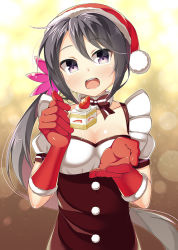 Rule 34 | 10s, 1girl, akebono (kancolle), alternate costume, bad id, bad pixiv id, bell, blush, cake, feeding, flower, food, gloves, hair bell, hair flower, hair ornament, hat, incoming food, jingle bell, kankitsunabe (citrus), kantai collection, looking at viewer, nose blush, open mouth, pov feeding, purple eyes, purple hair, santa hat, side ponytail, smile, solo