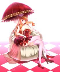 Rule 34 | 00s, 1girl, absurdres, adjusting hair, bad id, bad pixiv id, blonde hair, breasts, checkered floor, cross, dress, dungeon and fighter, female focus, flower, frilled dress, frills, gothic lolita, hat, high heels, highres, large breasts, lolita fashion, long hair, looking at viewer, orange hair, panties, pink flower, pink panties, pink rose, pink thighhighs, purple eyes, red dress, red footwear, rose, shoes, short dress, sitting, solo, strapless, strapless dress, tandohark, thighhighs, umbrella, underwear