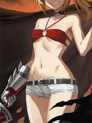 Rule 34 | 1girl, belt, belt buckle, bikini, bikini shorts, black belt, blonde hair, breasts, buckle, cape, choker, cowboy shot, fate/grand order, fate (series), gauntlets, grin, halterneck, head out of frame, holding, holding sword, holding weapon, legs together, mordred (fate), mordred (fate/apocrypha), navel, o-ring, o-ring choker, o-ring top, red bikini, short shorts, shorts, single gauntlet, small breasts, smile, solo, standing, swimsuit, sword, toned, tonee, weapon, white shorts