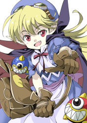 Rule 34 | 1girl, agahari, apron, blonde hair, blue hat, cape, dress, fang, gloves, goggles, goggles on head, hat, long hair, marivel armitage, pointing, pointy ears, red eyes, smile, solo, white background, wild arms, wild arms 2