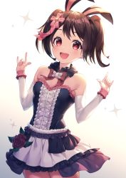 Rule 34 | 1girl, :d, \m/, animal ears, bad id, bad pixiv id, bare shoulders, black dress, black hair, blush, bow, breasts, center frills, cowboy shot, detached sleeves, double \m/, dress, flower, frilled dress, frills, gradient background, grey background, hair ornament, hands up, heart, heart-shaped pupils, highres, kyouou ena, long sleeves, looking at viewer, love live!, love live! school idol festival, open mouth, rabbit ears, red bow, red eyes, red flower, red rose, rose, small breasts, smile, solo, sparkle, standing, strapless, strapless dress, symbol-shaped pupils, teeth, twintails, upper teeth only, white background, white sleeves, yazawa nico
