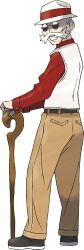 Rule 34 | 1boy, bald, belt, blaine (pokemon), brown belt, brown footwear, brown pants, cane, creatures (company), facial hair, from side, full body, game freak, grin, hat, highres, holding, holding cane, long sleeves, looking at viewer, looking back, male focus, mustache, nintendo, official art, own hands together, pants, pokemon, pokemon hgss, red shirt, red socks, shirt, shoes, smile, socks, solo, standing, teeth, transparent background, vest, white hat, white vest