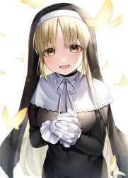 Rule 34 | 1girl, absurdres, black dress, black veil, blonde hair, brown eyes, capelet, dress, gloves, habit, high collar, highres, interlocked fingers, light blush, long dress, long hair, long sleeves, looking at viewer, nanasino yuri, neck ribbon, nijisanji, nun, open mouth, own hands clasped, own hands together, ribbon, sister claire, sister claire (1st costume), smile, solo, straight hair, traditional nun, veil, very long hair, virtual youtuber, white background, white capelet, white gloves