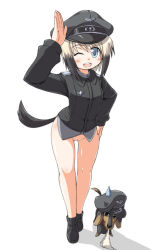 Rule 34 | 00s, 1girl, blonde hair, blue eyes, bottomless, dog, erica hartmann, hat, multicolored hair, naitou kouse, one eye closed, panties, pussy, short hair, solo, strike witches, sweatdrop, tail, two-tone hair, uncensored, underwear, wink, world witches series