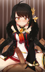 Rule 34 | 1boy, 1girl, ara haan, ara han, black gloves, black hair, blush, censored, choker, clothed female nude male, cowgirl position, elsword, feather boa, girl on top, gloves, hetero, male pubic hair, mosaic censoring, nt00, nude, penis, pubic hair, short hair, single thighhigh, smile, solo focus, spread legs, straddling, striped, striped background, tassel, thighhighs, vertical stripes, yama raja (elsword), yellow eyes