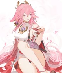 Rule 34 | 1girl, animal ears, anklet, book, choko (cup), cup, detached sleeves, earrings, feet out of frame, fox ears, genshin impact, hair between eyes, half-closed eyes, headpiece, highres, holding, holding cup, jewelry, knee up, lanhacy, long hair, looking to the side, parted lips, patreon username, petals, pink hair, purple eyes, shirt, simple background, sitting, solo, tassel, turtleneck, very long hair, white background, white shirt, yae miko