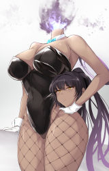 Rule 34 | 1girl, absurdres, bare arms, bare shoulders, black hair, black leotard, black pantyhose, blue archive, blue bow, blue bowtie, bow, bowtie, breasts, closed mouth, commentary request, covered navel, cowboy shot, curvy, dark-skinned female, dark skin, detached collar, dullahan, fishnet pantyhose, fishnets, gloves, highleg, highleg leotard, highres, holding head, karin (blue archive), karin (bunny) (blue archive), large breasts, leotard, long hair, looking at viewer, official alternate costume, pantyhose, playboy bunny, ponytail, rabbit ears, solo, thighs, thong leotard, traditional bowtie, tyamurai33, white gloves, wide hips, yellow eyes