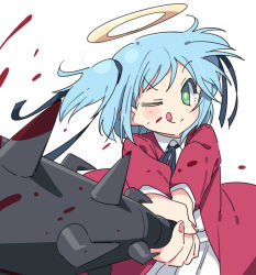 Rule 34 | 1girl, blood, blue hair, bokusatsu tenshi dokuro-chan, commentary, excalibolg, green eyes, halo, mitsukai dokuro, one eye closed, school uniform, solo, tongue, tongue out, tonmoh, twintails, two side up, white background
