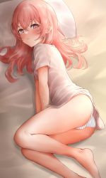 Rule 34 | 1girl, absurdres, ass, bare legs, barefoot, blouse, blush, borrowed clothes, closed mouth, commentary request, crossed bangs, feet, female focus, from side, grey shirt, hair between eyes, head on pillow, highres, inui sajuna, lds (dstwins97), long hair, looking at viewer, looking to the side, lying, on bed, on side, panties, pillow, pink hair, see-through silhouette, shirt, short sleeves, solo, sono bisque doll wa koi wo suru, striped clothes, striped panties, sweat, tearing up, thighs, underwear