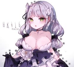 Rule 34 | 1girl, alternate hairstyle, artist name, bare arms, bare shoulders, black bow, black choker, black gloves, blunt bangs, blush, bow, breasts, character name, choker, cleavage, collarbone, dress, flower, framed breasts, gem, girls&#039; frontline, gloves, green eyes, hair flower, hair ornament, hair ribbon, hk416 (girls&#039; frontline), hk416 (starry cocoon) (girls&#039; frontline), jewelry, large breasts, layered dress, long hair, looking at viewer, low-tied long hair, multi-tied hair, official alternate costume, open mouth, pendant, petals, purple dress, purple hair, ribbon, rose, rose petals, simple background, skirt hold, solo, strapless, strapless dress, upper body, very long hair, white background, white flower, white rose, yomi yojo
