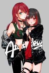 Rule 34 | 2girls, aqua eyes, arm around shoulder, bang dream!, bare shoulders, belt, black choker, black hair, black jacket, black pants, black shorts, blush, bob cut, breasts, chain, chain necklace, choker, clothes writing, earrings, eyes visible through hair, frown, green sports bra, grey background, group name, hair over one eye, heart, jacket, jewelry, long hair, looking at viewer, mamaloni, medium breasts, mitake ran, multicolored hair, multiple girls, nail polish, necklace, o-ring, off shoulder, paint stains, pants, purple eyes, red hair, red nails, red shirt, shirt, short hair, short shorts, shorts, simple background, sports bra, standing, streaked hair, thigh strap, udagawa tomoe
