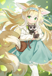 Rule 34 | 1girl, absurdres, animal, animal ear fluff, animal ears, arknights, bag, black cat, blonde hair, blue hairband, blue skirt, blush, brown bag, cardigan, cat, closed mouth, commentary, crossover, artistic error, feet out of frame, fox ears, fox girl, fox tail, frilled hairband, frills, green eyes, hair ornament, hair scrunchie, hairband, handbag, highres, holding, holding animal, holding cat, kitsune, kyuubi, long hair, looking at viewer, luo xiaohei, luo xiaohei zhanji, multicolored hair, multiple tails, nitoron, official alternate costume, open cardigan, open clothes, outdoors, scrunchie, shirt, shoulder bag, sidelocks, skirt, smile, solo, stitches, suzuran (arknights), suzuran (spring praise) (arknights), tail, two-tone hair, white cardigan, white hair, white shirt