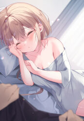 Rule 34 | 1boy, 1girl, bed sheet, blurry, blurry background, blush, breasts, brown hair, cleavage, closed eyes, commentary request, curtains, depth of field, drooling, ebihara beniko, facing viewer, hair between eyes, indoors, long hair, medium breasts, off shoulder, original, parted lips, pillow, saliva, shirt, short sleeves, solo focus, very long hair, white shirt