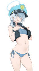 Rule 34 | 1girl, bikini, black vest, blue archive, blue bikini, blue eyes, blue hair, blue headwear, bracelet, commentary request, fang, flat chest, hands on own chest, highres, jewelry, looking at viewer, medium hair, navel, ryo (tg290), side-tie bikini bottom, simple background, skin fang, smile, solo, swimsuit, tactical clothes, valkyrie police academy student (blue archive), vest, white background
