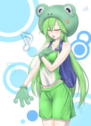 Rule 34 | 1girl, animal costume, backpack, bad id, bad pixiv id, bag, blush, closed eyes, frog costume, gloves, green hair, highres, long hair, midriff, musical note, navel, open mouth, personification, phantasy star, phantasy star online 2, seark, shorts, solo, very long hair